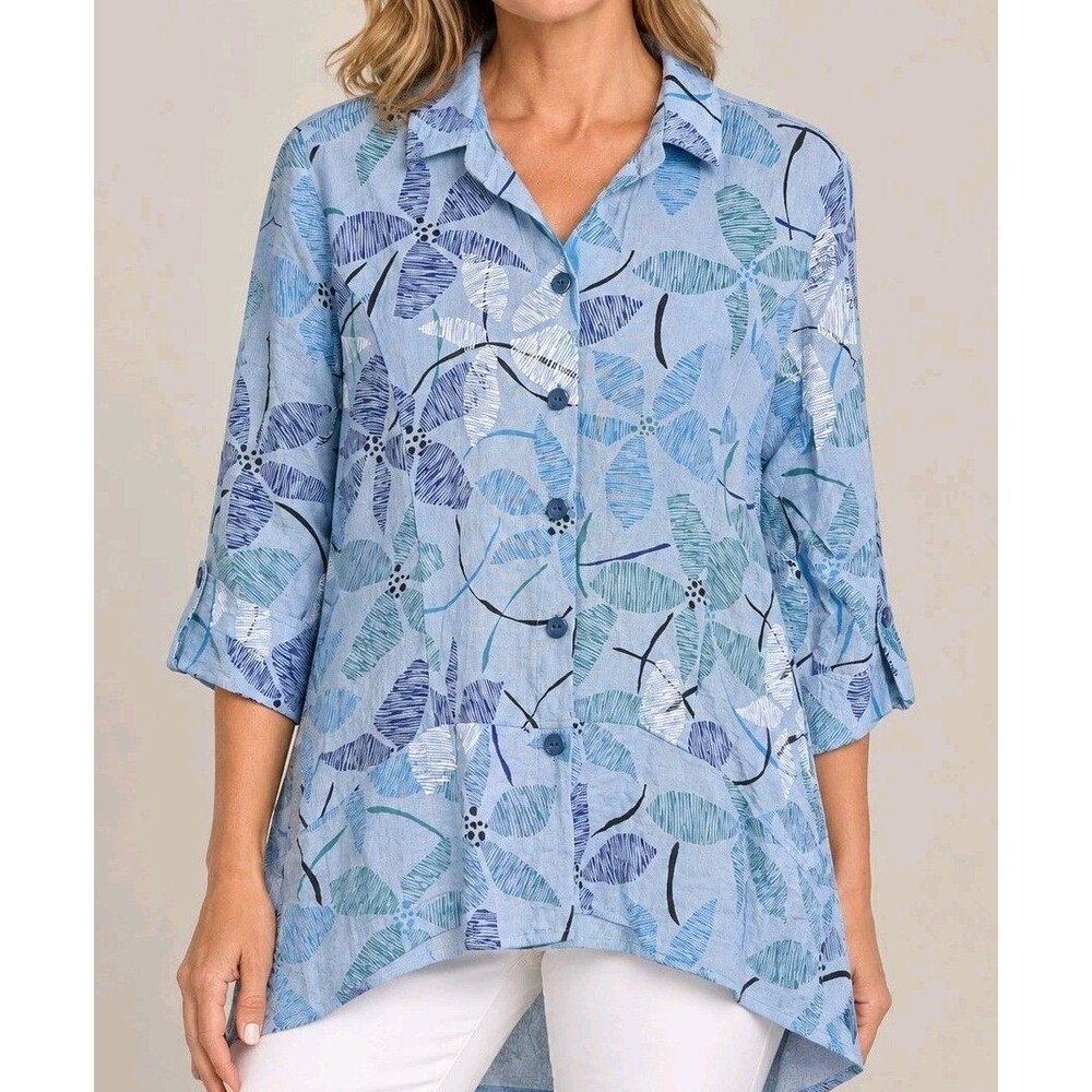 HABITAT Blue Artsy Floral 3/4 Sleeve Button Front Tunic Blouse Top Shirt - M